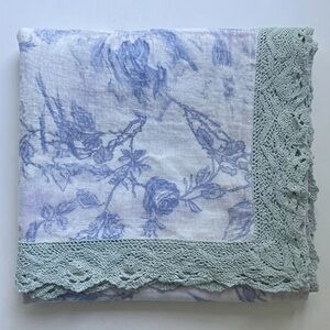 Linen APRIL CORNELL Blue Floral Tablecloth Sage Blue Crochet Trim Cottagecore